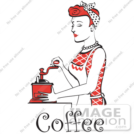 #29607 Royalty-free Cartoon Clip Art of a Beautiful Red Haired Housewife Or Maid Woman Using A Manual Coffee Grinder, With Text by Andy Nortnik