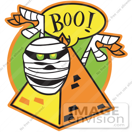 #29611 Royalty-free Cartoon Clip Art of a White Mummy With Green Glowing Eyes Peeking Out Of A Pyramid And Screaming "Boo!" by Andy Nortnik