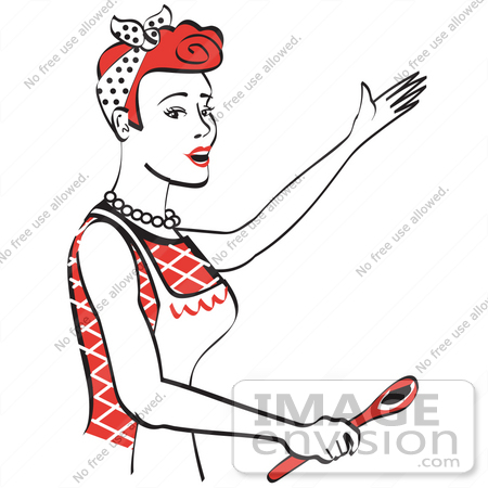 #29612 Royalty-free Cartoon Clip Art of a Happy Red Haired Housewife Or Maid Woman In An Apron, Singing And Using A Spoon While Baking In The Kitchen by Andy Nortnik