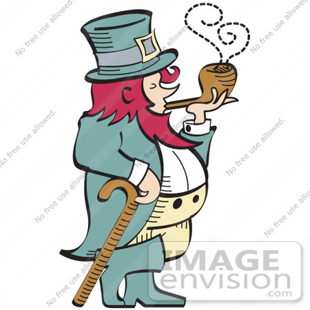 #29614 Royalty-free Cartoon Clip Art of a Short, Pink Haired Leprechaun Leaning On A Cane And Smoking A Pipe by Andy Nortnik