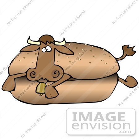 #29706 Clip Art Graphic of an Unsuspecting Brown Cow Lying in the Center of Hamburger Buns by DJArt