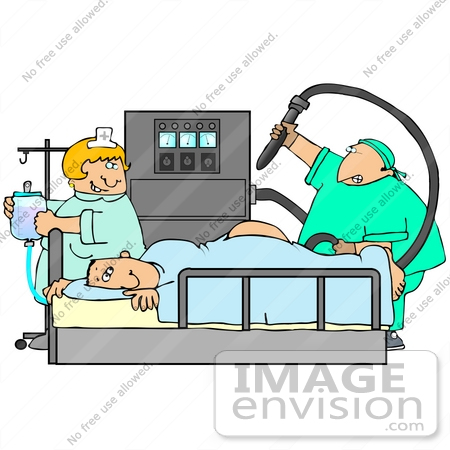 #29708 Clip Art Graphic of a Nurse Watching as a Proctologist Prepares to Give a Scared Man a Colonoscopy by DJArt