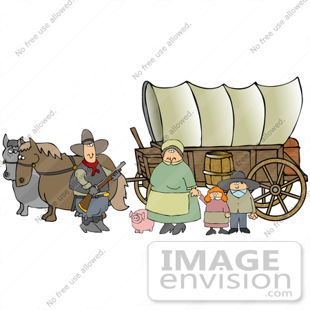 #29711 Clip Art Graphic of a Pioneer Family With Their Pig, Standing By The Horses That Pull Their Covered Wagon While Stopping Along The Oregon Trail by DJArt