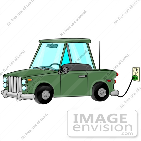#29713 Clip Art Graphic of a Green Electric Car Parked In A Garage And Plugged Into An Electrical Socket To Charge by DJArt