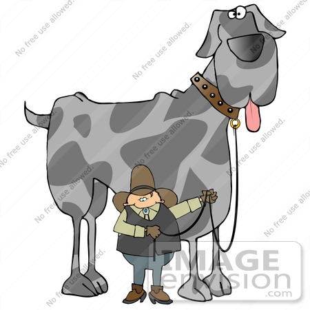 #29716 Clip Art Graphic of a Proud Cowboy Holding The Leash To His Giant Great Dane Dog by DJArt