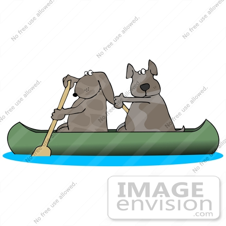 #29729 Clip Art Graphic of Two Brown Dogs Paddling A Canoe Down A River, Looking Back Over Their Shoulders by DJArt