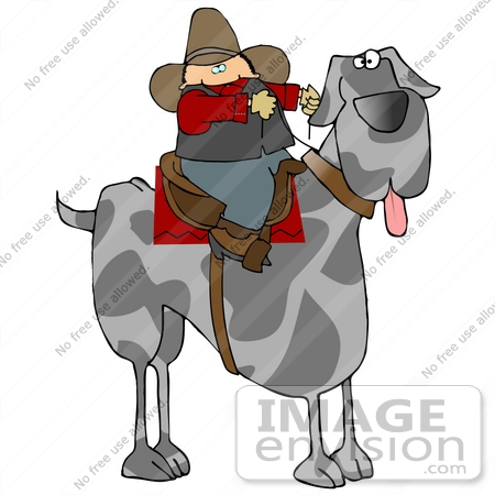 #29732 Clip Art Graphic of a Cowboy Seated On A Saddle On The Back Of A Super Huge Great Dane Dog by DJArt
