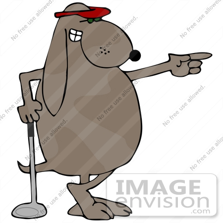 #29733 Clip Art Graphic of a Happy Dog Pointing While Leaning on a Golf Club by DJArt