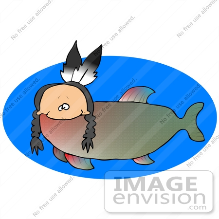 #29735 Clip Art Graphic of a Native Fish With A Human Head With Breads And Feathers And A Fishlike Body by DJArt
