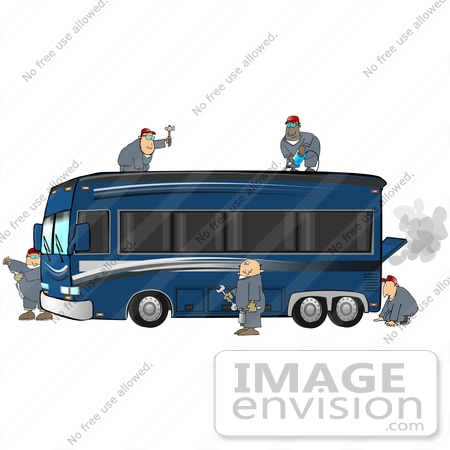#29740 Clip Art Graphic of a Team of Mechanics Working to Construct and Fix a Fancy Motorhome by DJArt