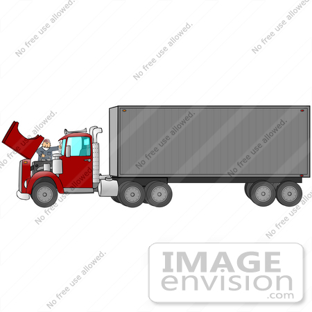#29742 Clip Art Graphic of a Mechanic Working on a Big Rig’s Engine by DJArt