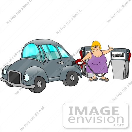 #29748 Clip Art Graphic of a Lady at a Gas Station, Filling Her Car’s Gasoline Tank by DJArt