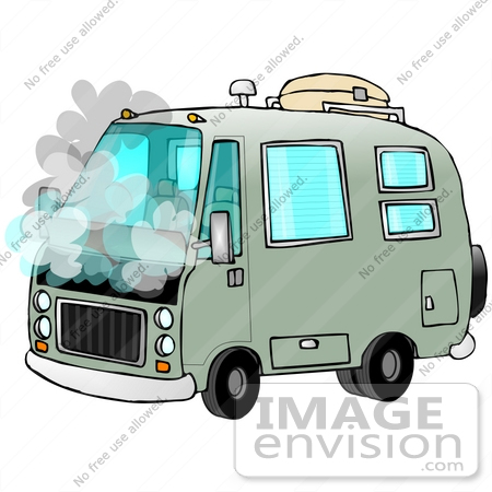 #29749 Clip Art Graphic of a Smoking Green Camper Van by DJArt