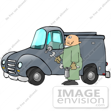 #29758 Clip Art Graphic of a Technician Holding Tools and Standing by a Work Truck by DJArt