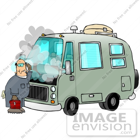 #29761 Clip Art Graphic of a Puzzled Mechanic Working on a Smoking Green Motor Home by DJArt