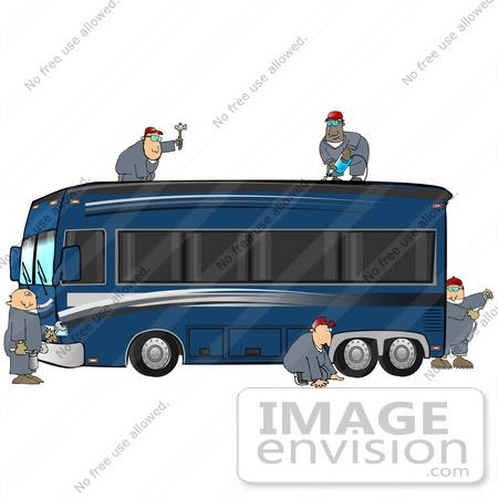 #29762 Clip Art Graphic of Men Fixing Body Damage on a Luxury Motor Home by DJArt