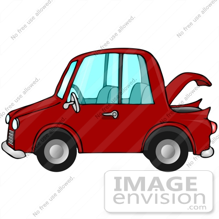 #29763 Clip Art Graphic of a Red Compact Car With the Trunk Open by DJArt