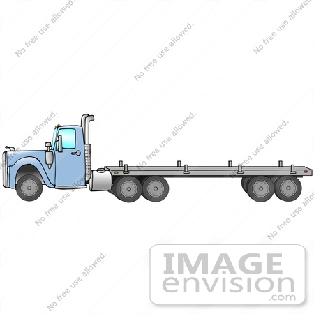 #29764 Clip Art Graphic of a Blue Semi Truck Pulling a Flatbed Trailer by DJArt