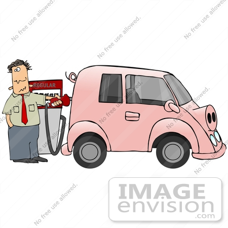 #29765 Clip Art Graphic of a Stressed Man Filling The Gasoline Tank of His Gas Hog Car That Looks Like a Pig by DJArt