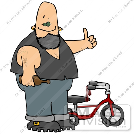 #29767 Clip Art Graphic of a Big Drunk Biker Holding A Beer Bottle And Giving The Thumbs Up Before Mounting His Tricycle by DJArt