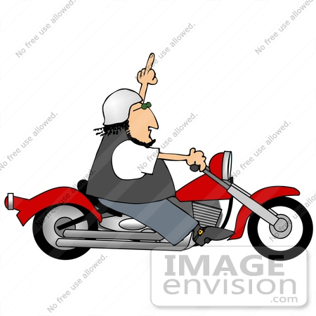 #29769 Clip Art Graphic of a Male Biker Flipping Someone Off In A Fit Of Road Rage While Flying Down The Road On His Red Motorcycle by DJArt
