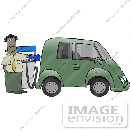 #29770 Clip Art Graphic of a Stressed Man Going Broke While Filling The Gasoline Tank Of His Green Car At A Gas Station by DJArt