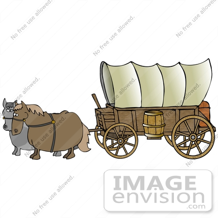 #29771 Clip Art Graphic of an Old Fashioned Covered Wagon Being Pulled By Two Fat Horses by DJArt