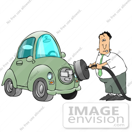 #29773 Clip Art Graphic of a Man Bracing Himself For Electrocution While Plugging In His Electrical Car To Charge by DJArt