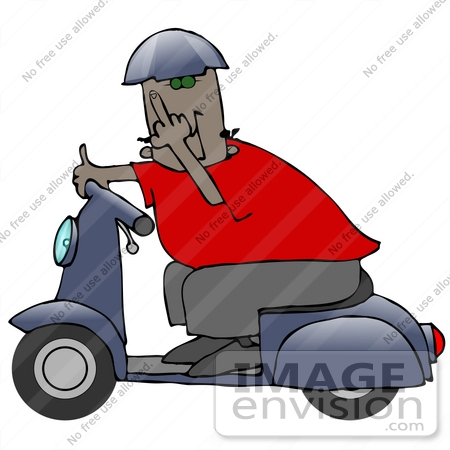 #29774 Clip Art Graphic of a Man Passing By On A Blue Scooter And Flipping The Viewer Off In A Fit Of Road Rage by DJArt