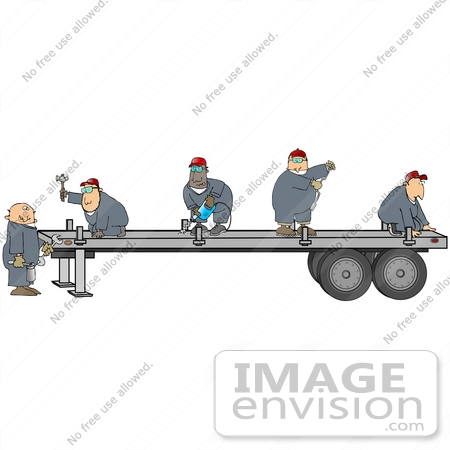 #29775 Clip Art Graphic of a Team of Men Repairing a Semi Trailer by DJArt