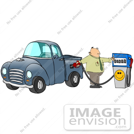 #29776 Clip Art Graphic of a Frustrated Man Flipping Off the Smiley Face on a Pump at a Gas Station While Going Broke Over Filling the Gasoline Tank of His Pickup Truck by DJArt