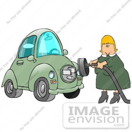 #29777 Clip Art Graphic of a Blonde Lady Attaching Her Electric Car to the Plug to Charge by DJArt