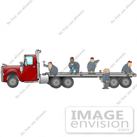 #29779 Clip Art Graphic of a Team of Men Performing Maintenance on the Trailer of a Big Rig by DJArt