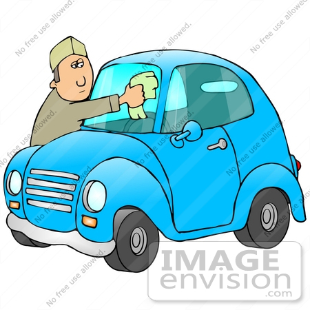 #29780 Clip Art Graphic of Gas Station Attendant Cleaning the Windshield of a Blue Compact Car by DJArt