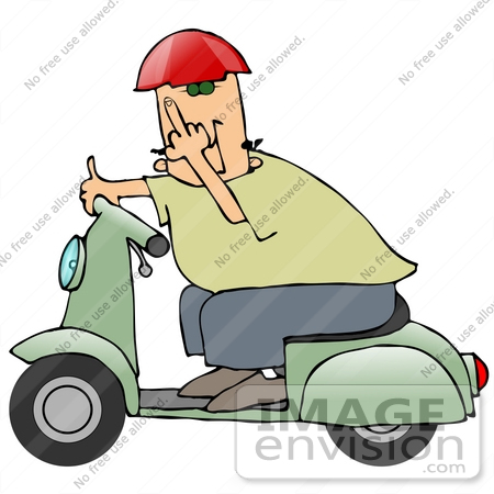 #29782 Clip Art Graphic of a Man Passing By On A Green Scooter And Flipping The Viewer Off In A Fit Of Road Rage by DJArt