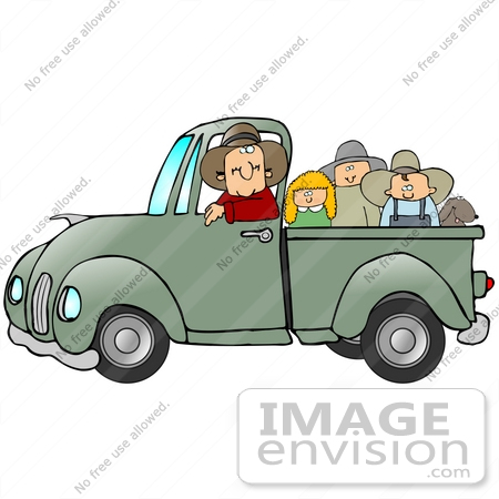 #29783 Clip Art Graphic of a Group of Happy People and Their Dog Riding in the Back of a Green Pickup Truck While The Driver Looks at the Viewer by DJArt