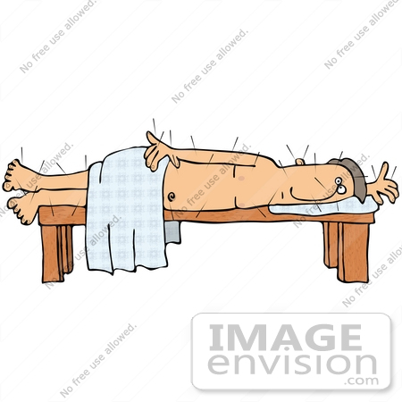 #29785 Clip Art Graphic of a Nude Male Acupuncture Patient Poked With Needles, Lying on His Side by DJArt