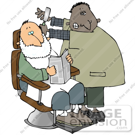 #29786 Clip Art Graphic of a Friendly Barber Shaving a Man’s Facial Hair as He Reads the Newspaper by DJArt