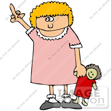 #29797 Clip Art Graphic of an Obnoxious Little Girl Holding Her Doll and Flipping the Bird by DJArt