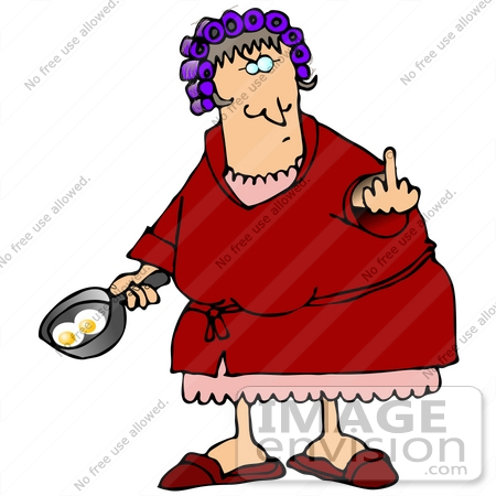 #29800 Clip Art Graphic of a Mean Woman Frying Eggs and Flipping Off Her Husband by DJArt