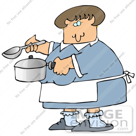 #29801 Clip Art Graphic of a Caucasian Lady Holding A Spoon And Pot While Cooking Soup For Supper In A Kitchen by DJArt