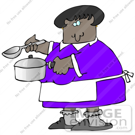 #29802 Clip Art Graphic of an African American Lady Holding A Spoon And Pot While Cooking Soup For Supper In A Kitchen by DJArt