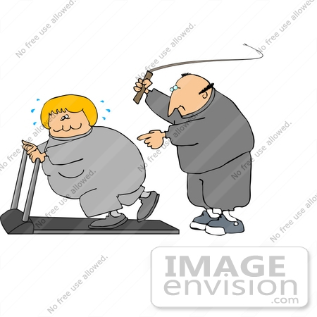 #29803 Clip Art Graphic of a Caucasian Man In Sweats, Cracking A Whip While Telling His Blond Wife To Keep Exercising On A Treadmill by DJArt