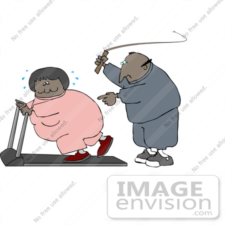#29804 Clip Art Graphic of an African American Man In Sweats, Flashing A Whip While Telling His Wife To Keep Exercising On A Treadmill by DJArt