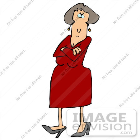 #29806 Clip Art Graphic of a Pissed Woman in a Red Dress, Crossing Her Arms and Tapping Her Foot by DJArt