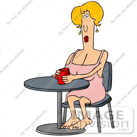 #29809 Clip Art Graphic of a Pretty Blond Woman In A Pink Dress, Sitting Barefoot At A Table And Drinking Coffee by DJArt