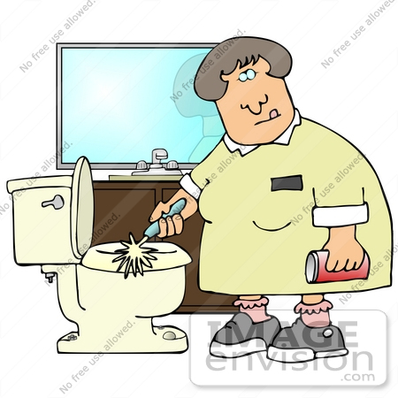 #29810 Clip Art Graphic of a Grossed Out Maid Scrubbing a Dirty Toilet With a Brush by DJArt