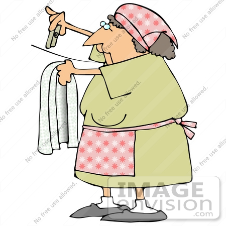 #29813 Clip Art Graphic of a Woman Hanging Clothes up to Dry on a Line by DJArt