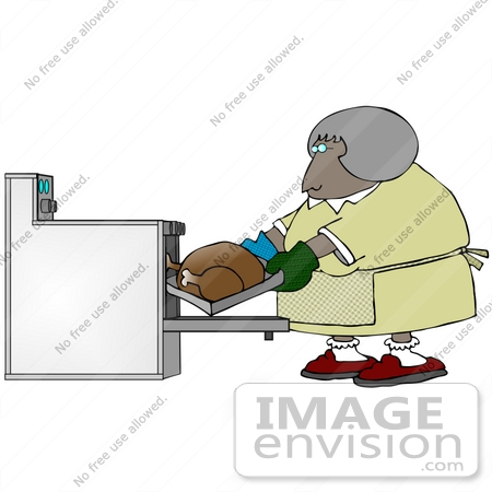 #29817 Clip Art Graphic of a Lady Putting a Turkey in the Oven to Cook by DJArt