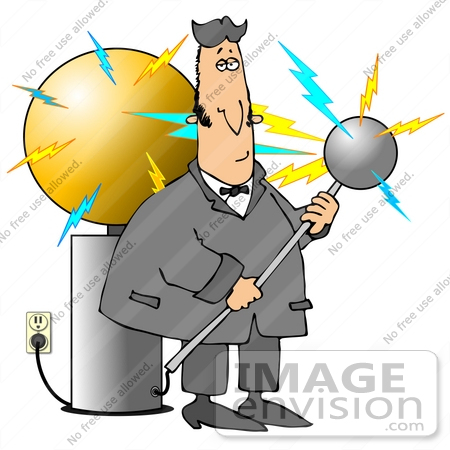 #29826 Clip Art Graphic of Nicola Tesla Surrounded By Electricity While Inventing The Tesla Coil by DJArt